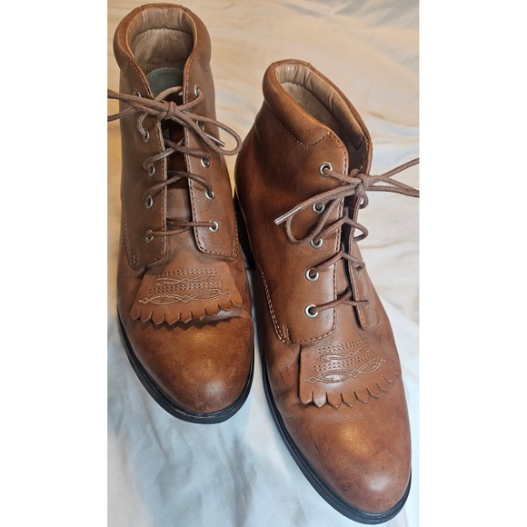 Brown Leather Kiltie Lace Up Ankle Boots Western Low Block Heel Booties - Picture 3 of 16